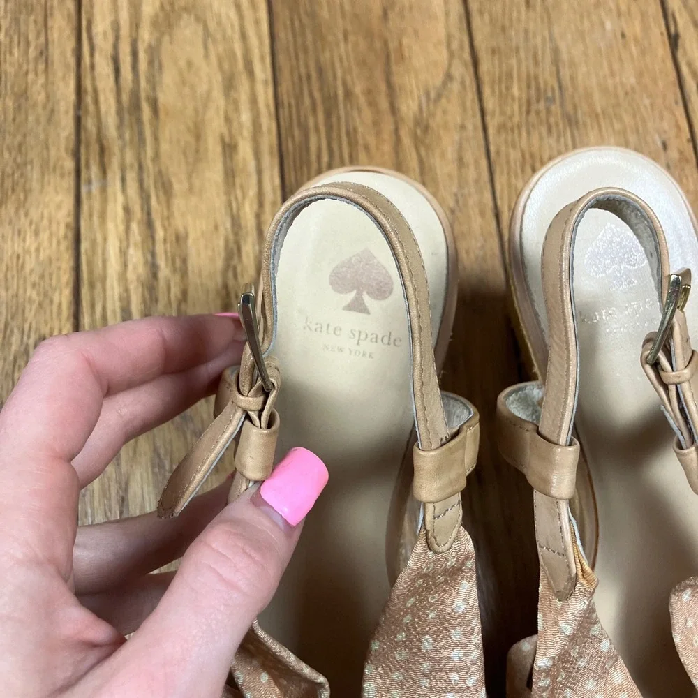 Kate Spade‎ New York Polka Dot Bow Raffia Wedge Sandals Tan Cream 9.5M